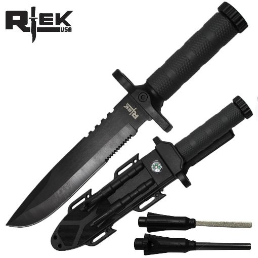 Picture of 12.5IN RTEK HALF SERRATED BLADE SURVIVAL KNIFE WITH ABS SHEATH COMPASS, FIRESTARTER & SHARPING ROD - No RT16075-EBK