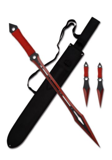 Picture of 27in RED VENTED TACTICAL MACHETE SWORD WITH TWO 7.5in THROWING KNIVES & SHEATH - No T661086-RD